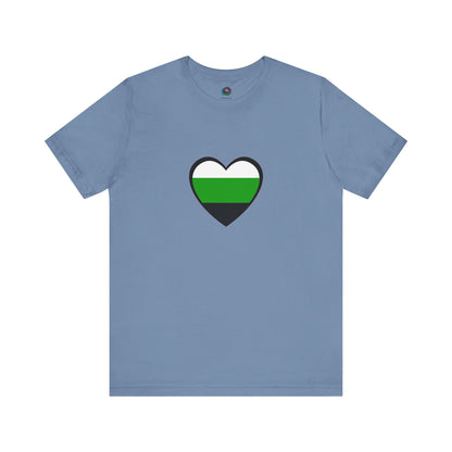 Layflat of the Aromantic Flag Shirt in steel blue, with a heart-shaped design symbolizing neutrois pride flag meaning in a cool, gender-neutral palette.