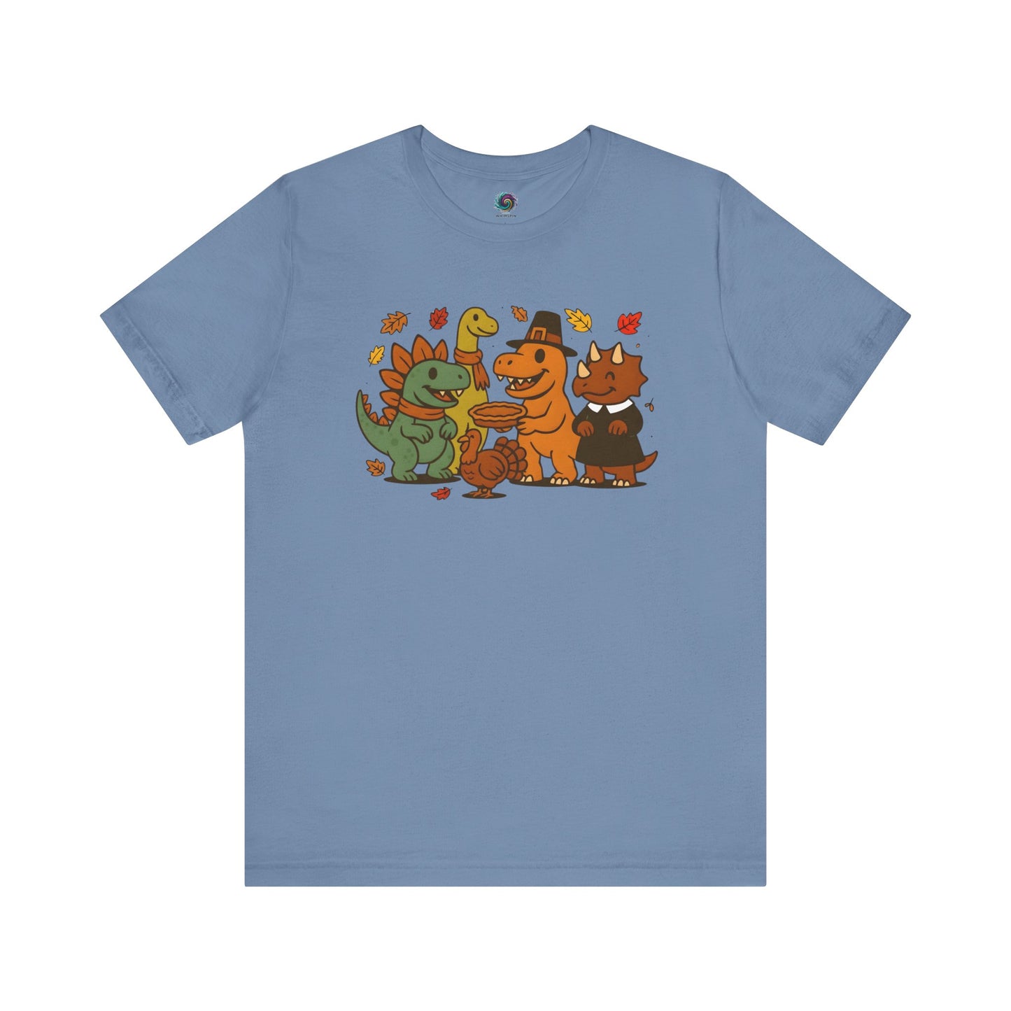 Thanksgiving Dinosaur T-Shirt – Funny Dino Thanksgiving Tee in steel blue, highlighting smiling dinosaurs ready for Thanksgiving celebration.