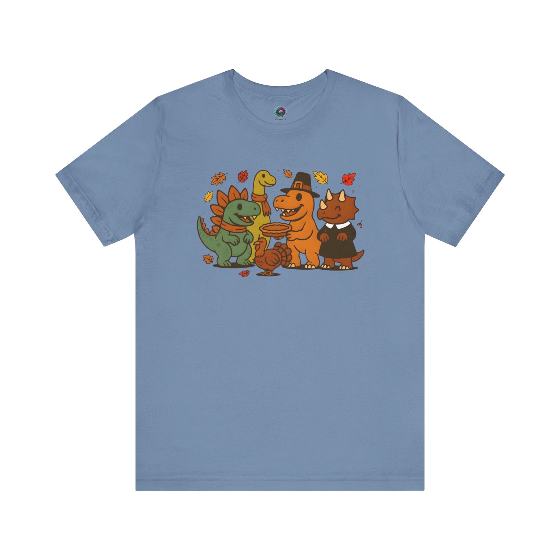 Thanksgiving Dinosaur T-Shirt – Funny Dino Thanksgiving Tee in steel blue, highlighting smiling dinosaurs ready for Thanksgiving celebration.