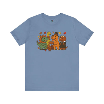 Thanksgiving Dinosaur T-Shirt – Funny Dino Thanksgiving Tee in steel blue, highlighting smiling dinosaurs ready for Thanksgiving celebration.