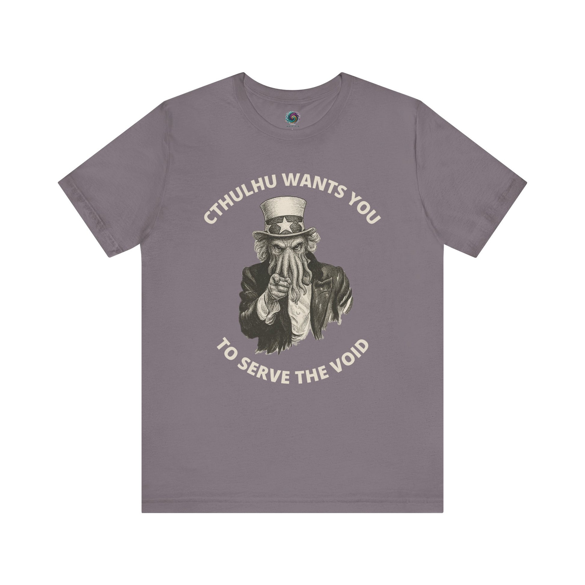 Cthulhu Wants You T-Shirt – Mythos Horror Tee for Lovecraft Fans in storm gray, offering a muted background for the bold Cthulhu Uncle Sam artwork.