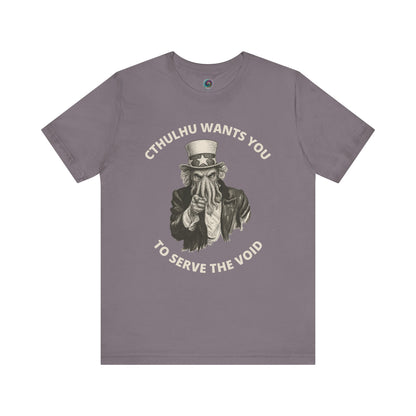 Cthulhu Wants You T-Shirt – Mythos Horror Tee for Lovecraft Fans in storm gray, offering a muted background for the bold Cthulhu Uncle Sam artwork.