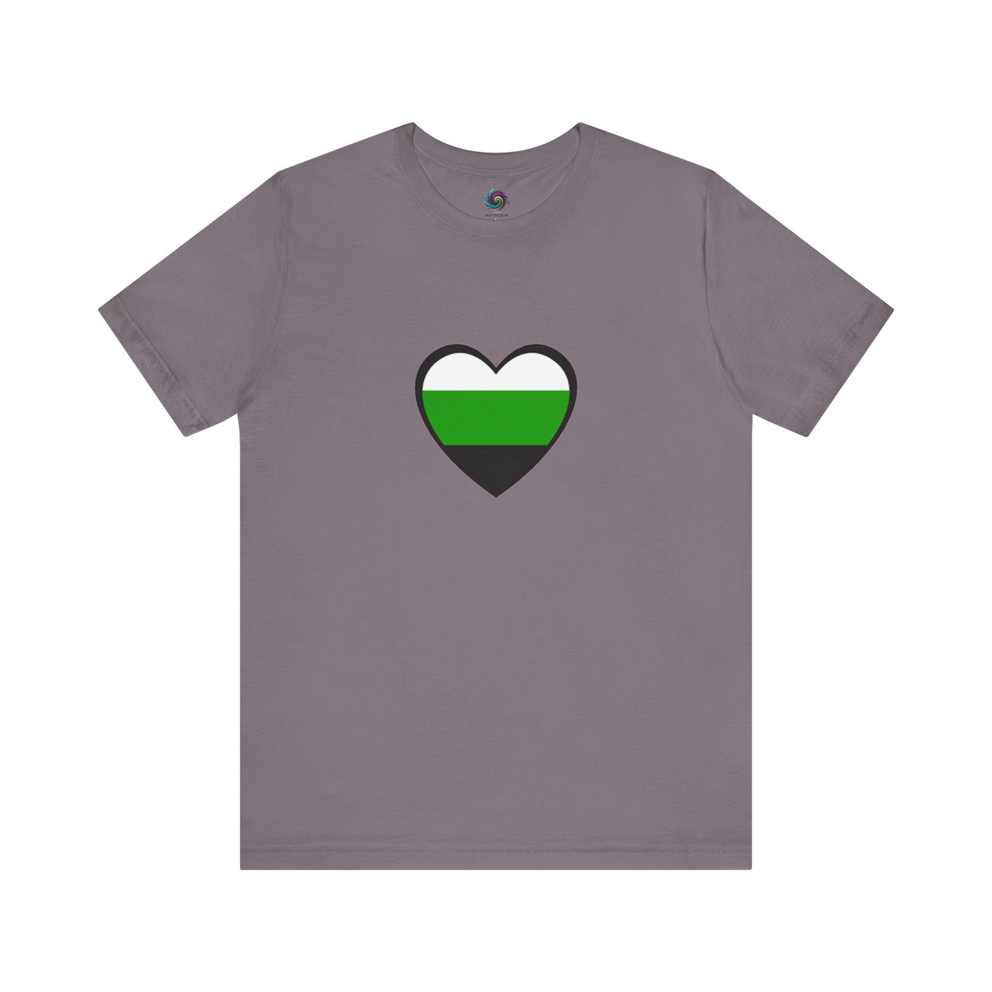 Layflat of storm-colored Aromantic Pride Shirt, featuring a bold neutrois heart design in tribute to aromantic and neutrois gender expression.
