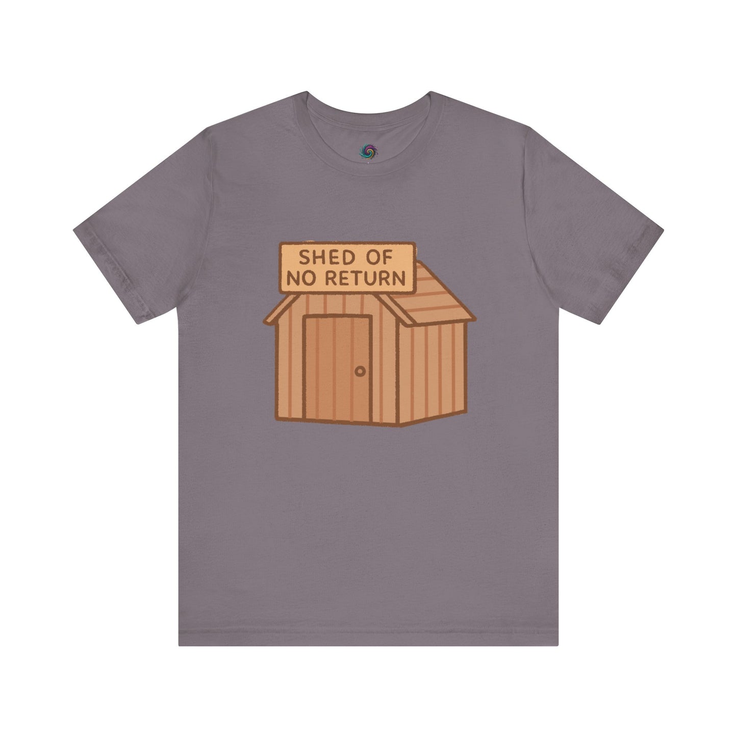 Storm Grey Shed of No Returns T shirt from Whimspin lay-flat image on a white background