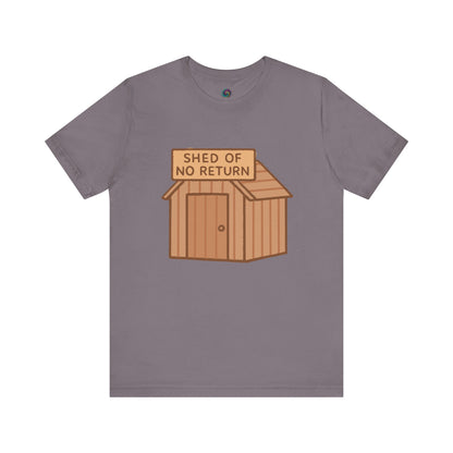 Storm Grey Shed of No Returns T shirt from Whimspin lay-flat image on a white background