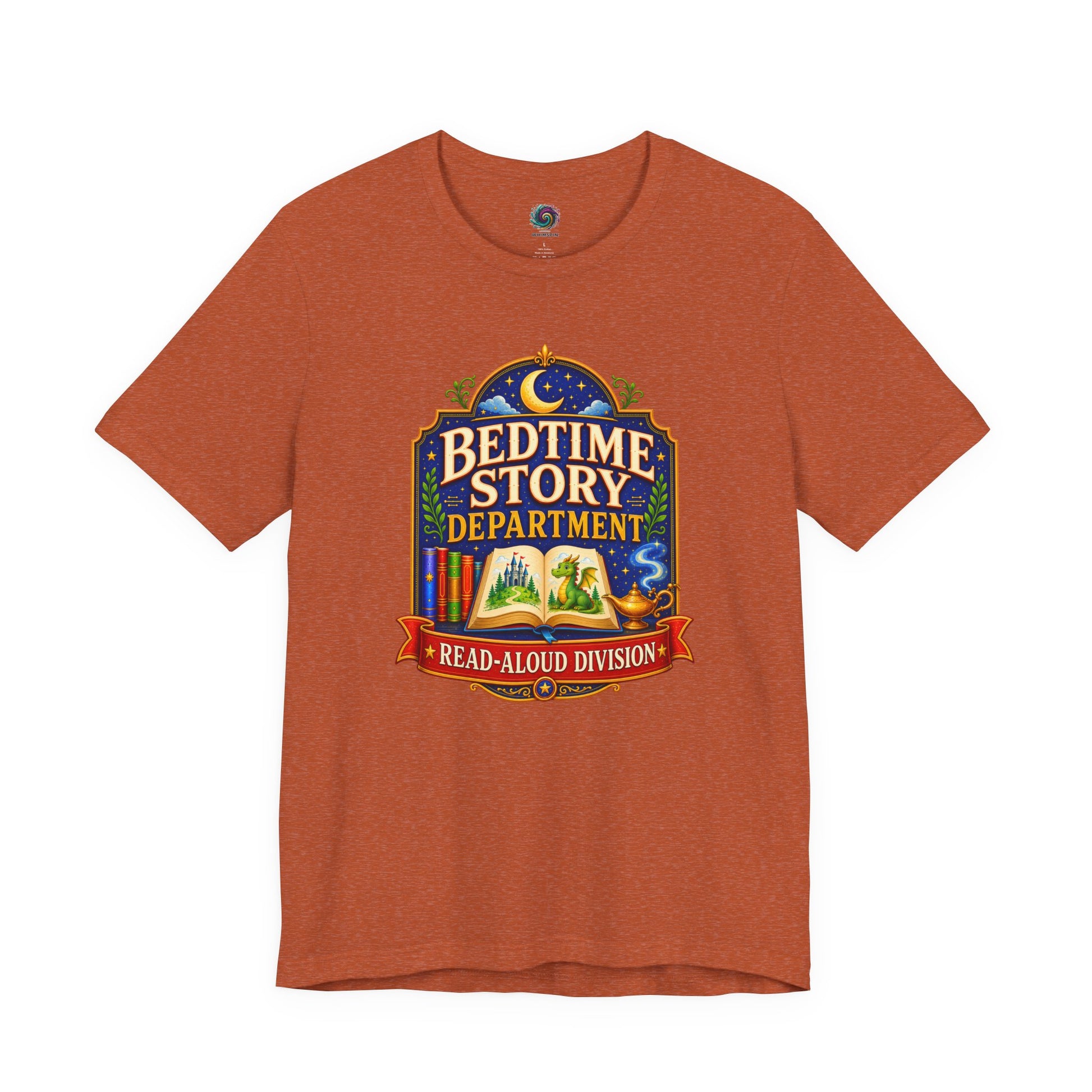 Bedtime Story Department T-Shirt – Read-Aloud Parent Tee on heather autumn for the family’s favorite read-aloud expert.
