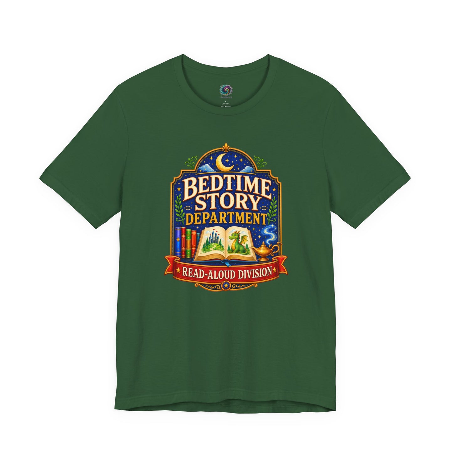 Bedtime Story Department T-Shirt – Read-Aloud Parent Tee on evergreen for book-loving parents and grandparents.