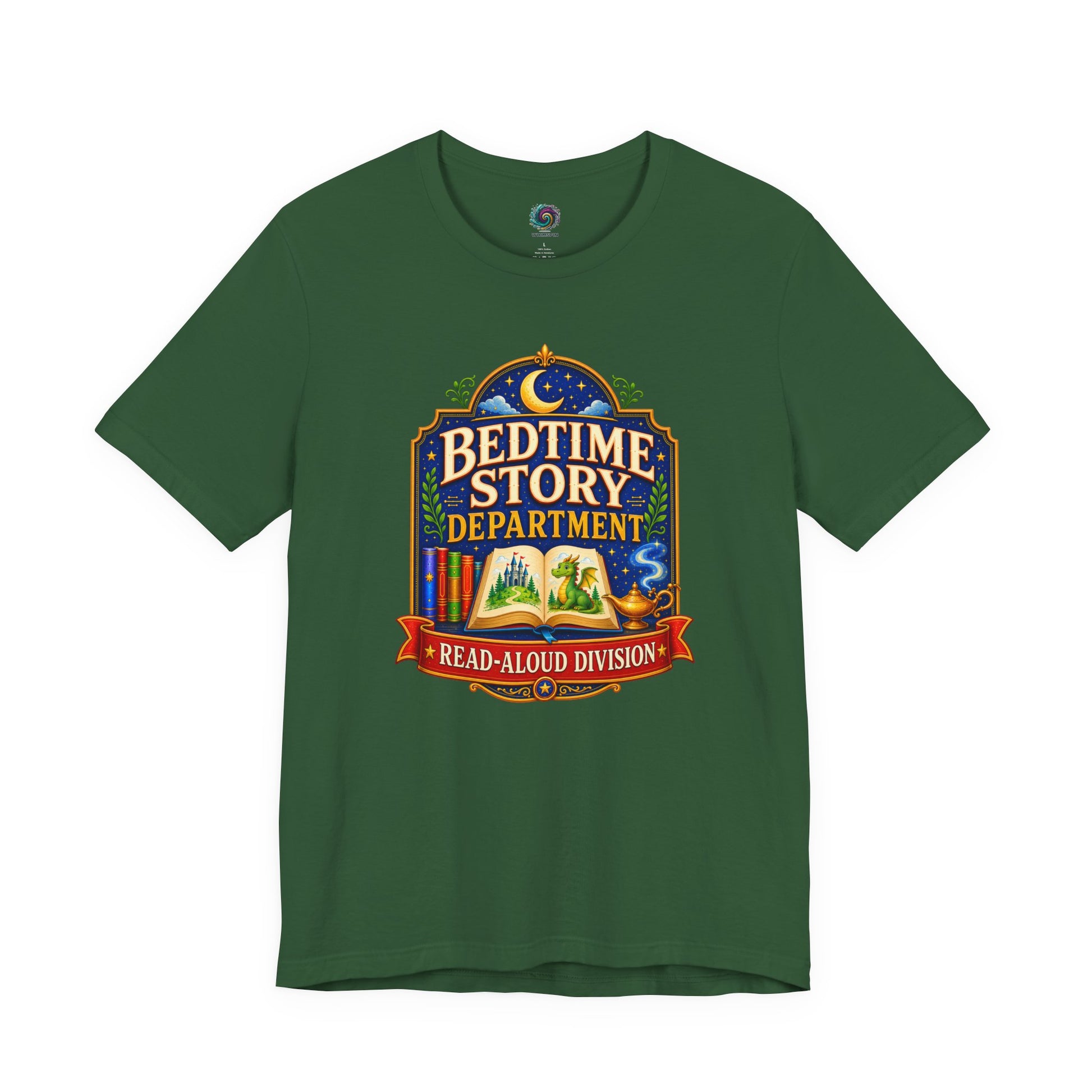 Bedtime Story Department T-Shirt – Read-Aloud Parent Tee on evergreen for book-loving parents and grandparents.