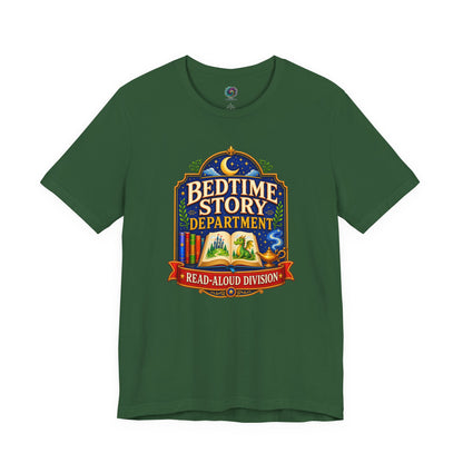 Bedtime Story Department T-Shirt – Read-Aloud Parent Tee on evergreen for book-loving parents and grandparents.