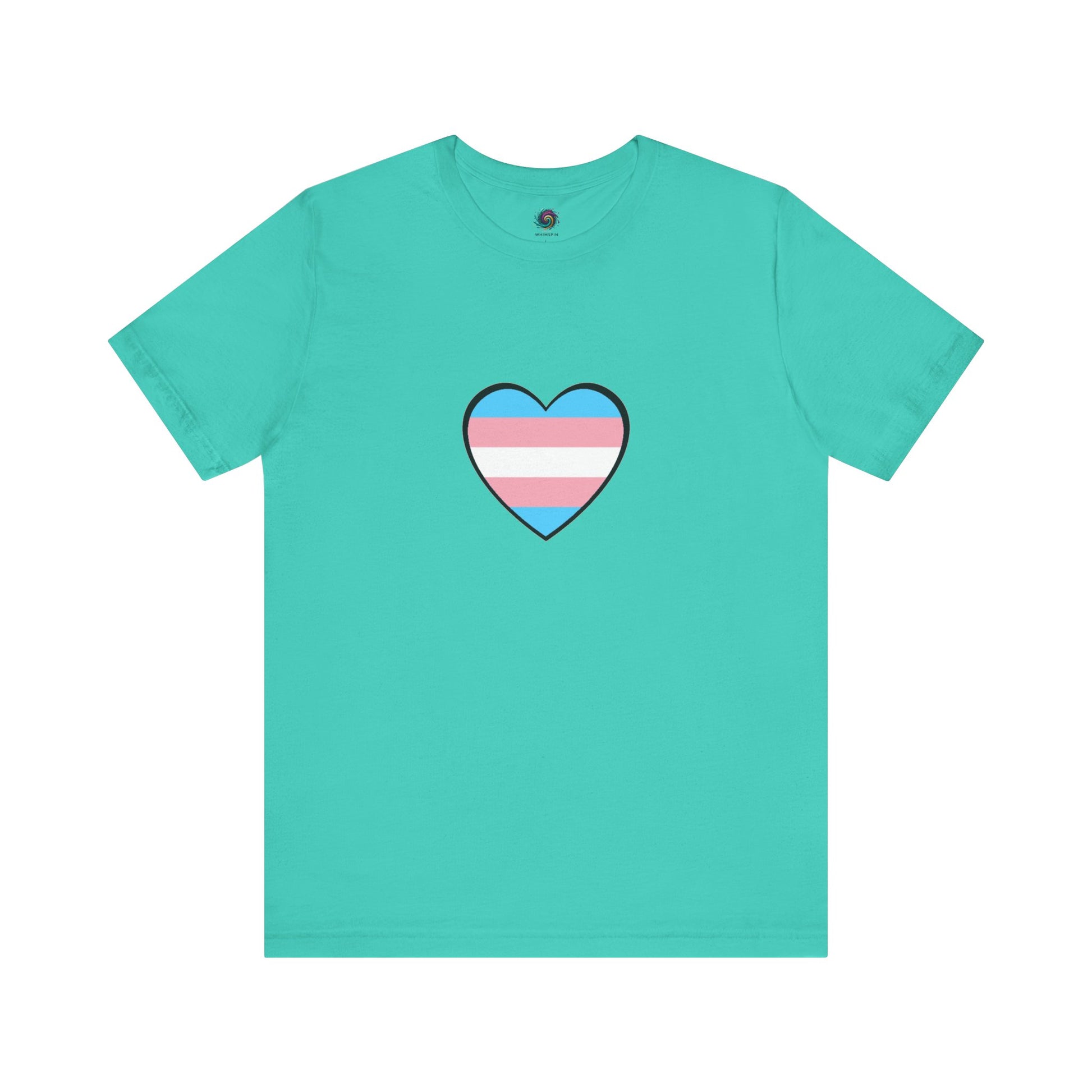 Transgender Pride Flag Heart T-Shirt – LGBTQ+ Trans Flag Graphic Tee in teal, a soft and proud option featuring the transgender heart design for quiet celebration.