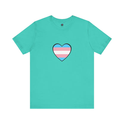 Transgender Pride Flag Heart T-Shirt – LGBTQ+ Trans Flag Graphic Tee in teal, a soft and proud option featuring the transgender heart design for quiet celebration.