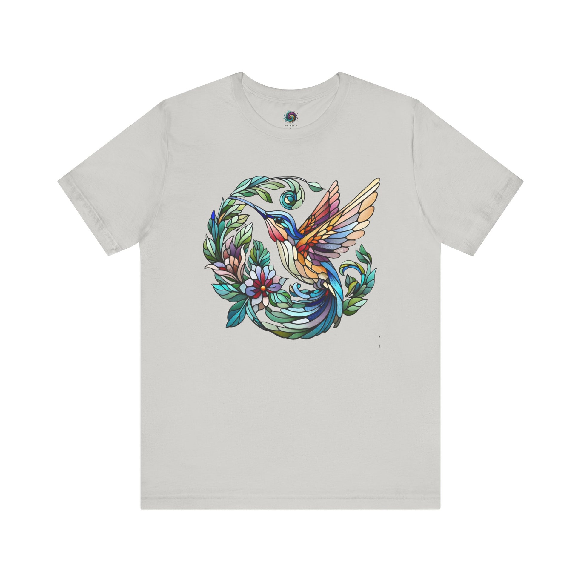 Stained Glass Hummingbird T-Shirt – Colorful Floral Bird Graphic Tee in silver featuring a vibrant stained glass hummingbird motif with floral elements.