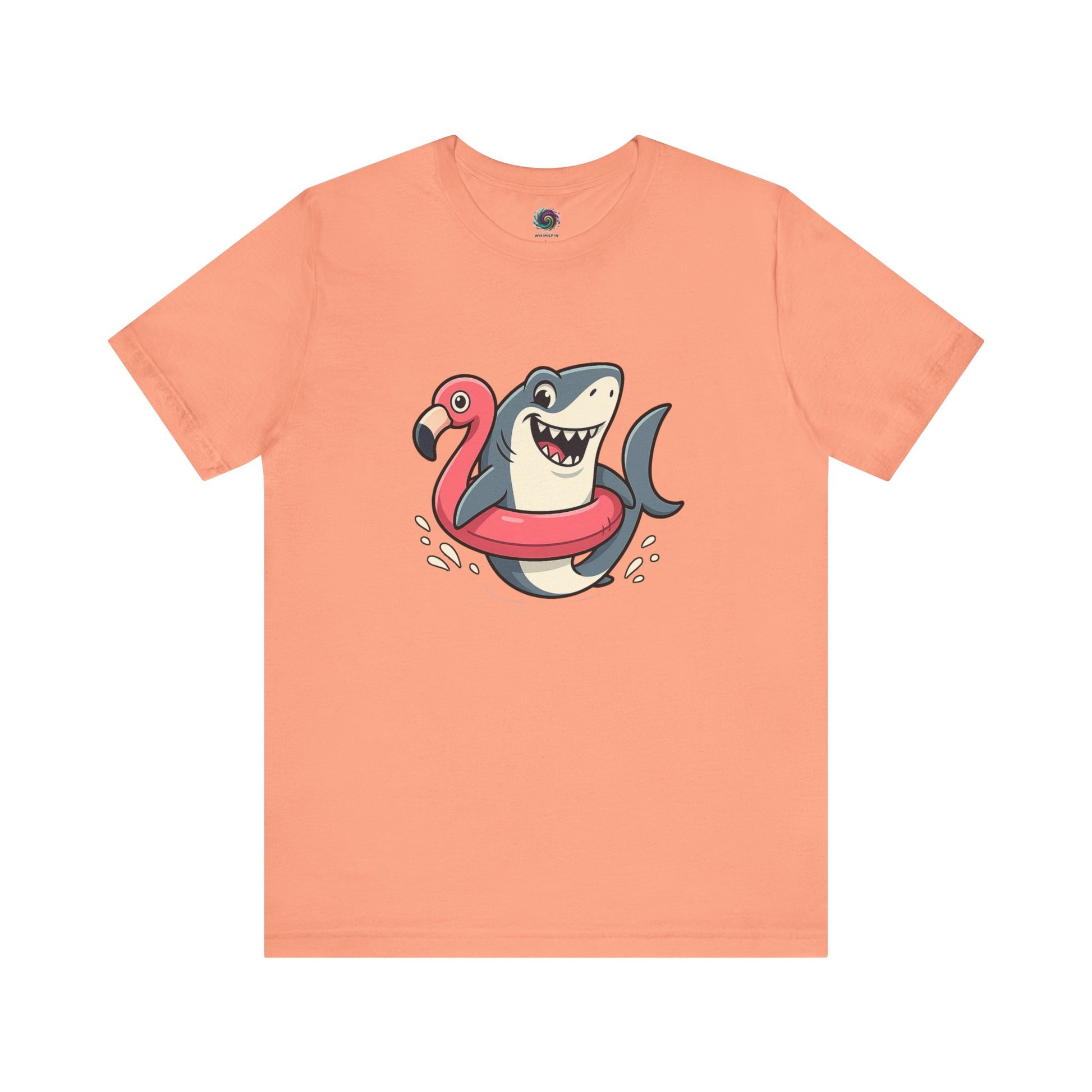 Shark Flamingo Floatie T-Shirt – Funny Beach & Pool Day Tee in sunset orange with quirky beach shark and floatie print