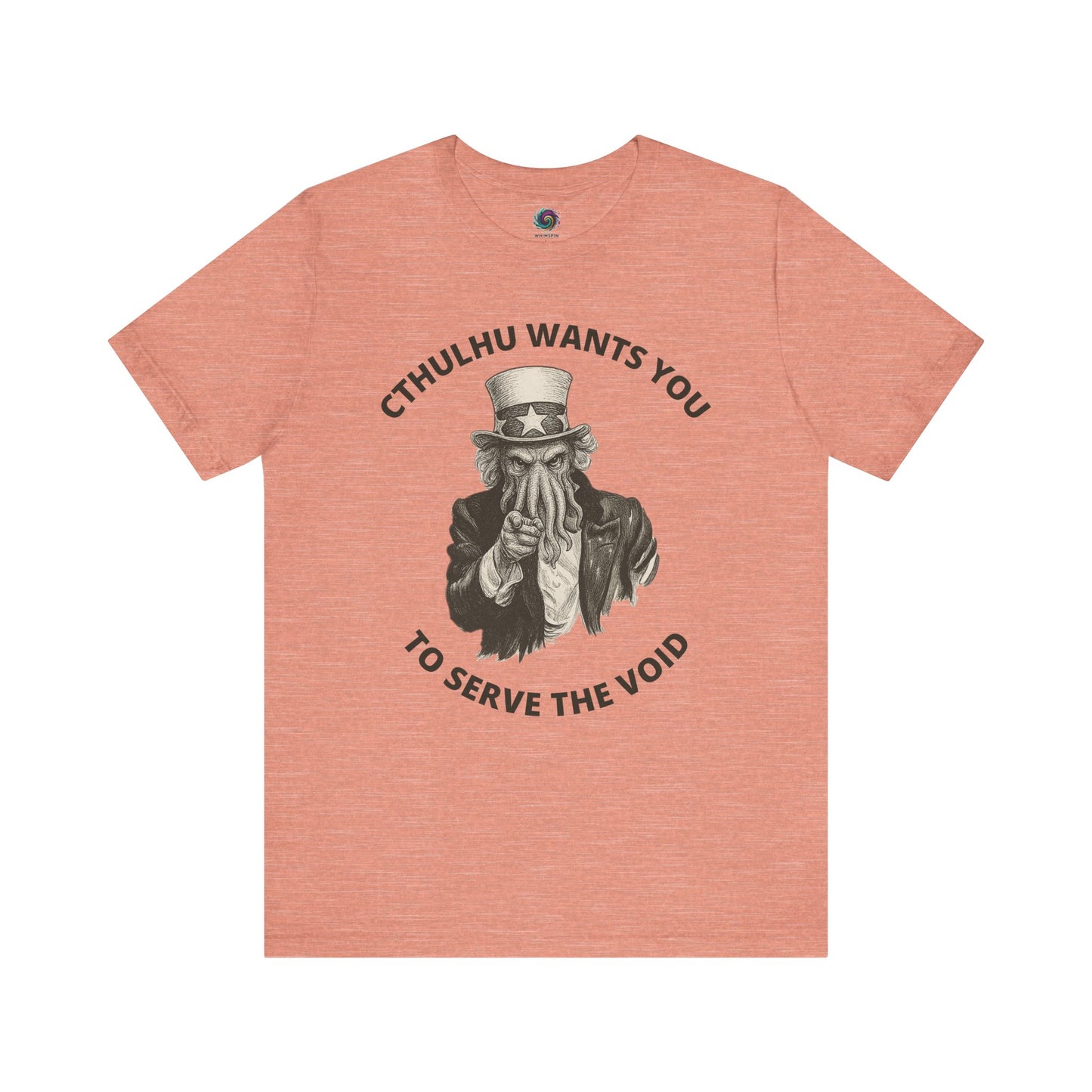 Pink t-shirt with graphic design and text 'Cthulhu wants you to serve the void' on a white background