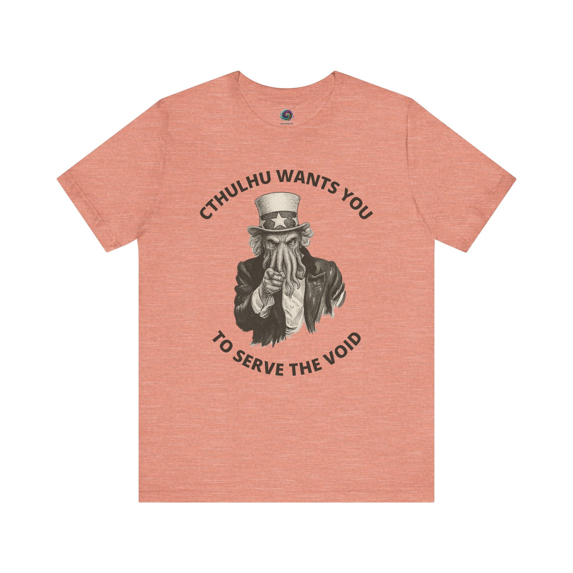 Pink t-shirt with graphic design and text 'Cthulhu wants you to serve the void' on a white background