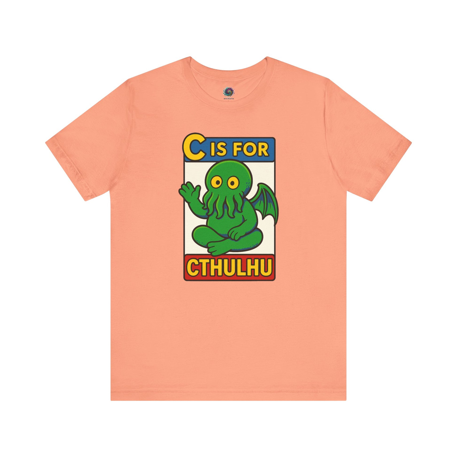 C is for Cthulhu T-Shirt – Lovecraftian Funny Cartoon Tee in sunset, flat lay featuring playful cartoon Cthulhu artwork.