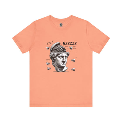Hive Mind T-Shirt – Surreal Bee Group Think Parody Tee flat lay in Sunset