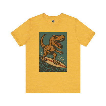 Surfing T-Rex T-Shirt – Funny surfing Dinosaur Graphic Tee in heather yellow, ideal for soaking up summer vibes with a dinosaur beach graphic.