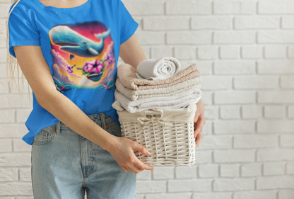 Woman holding laundry basket in whale tee "Oh No Not Again" Petunias and Whale Tee – sci-fi inspired surreal graphic tee featuring whale and petunias, ideal for fans of Hitchhiker’s Guide humor and laundry-day style