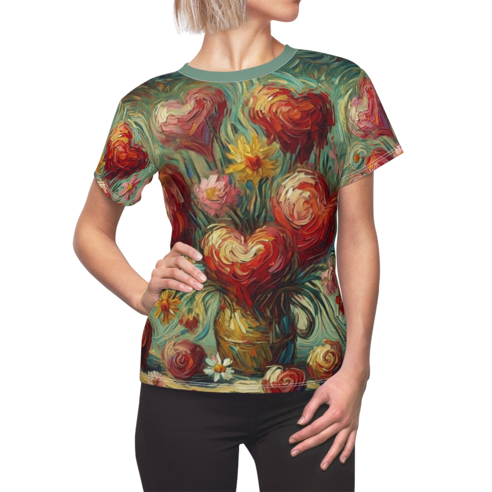 Impressionistic Heart Flowers AOP Shirt – Van Gogh Inspired Design shown in a full product view, highlighting an all-over print of heart flowers with bold, Van Gogh inspired color and motion.