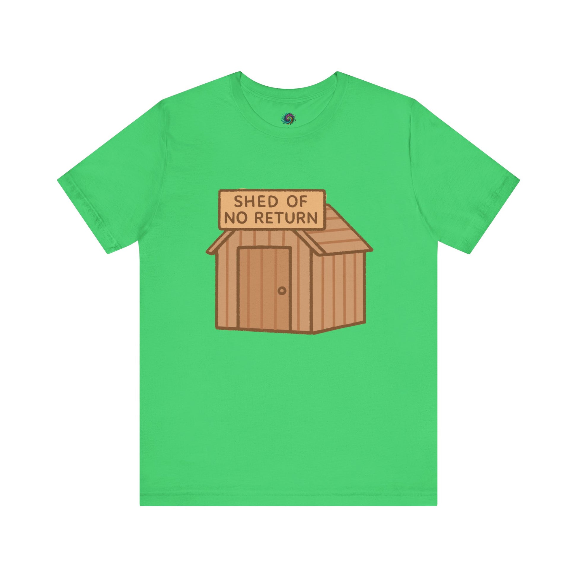Synthetic Green Shed of No Returns T shirt from Whimspin lay-flat image on a white background