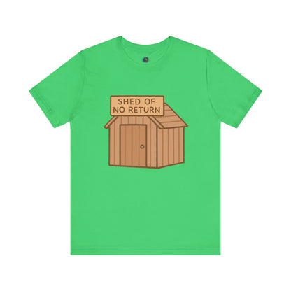 Synthetic Green Shed of No Returns T shirt from Whimspin lay-flat image on a white background