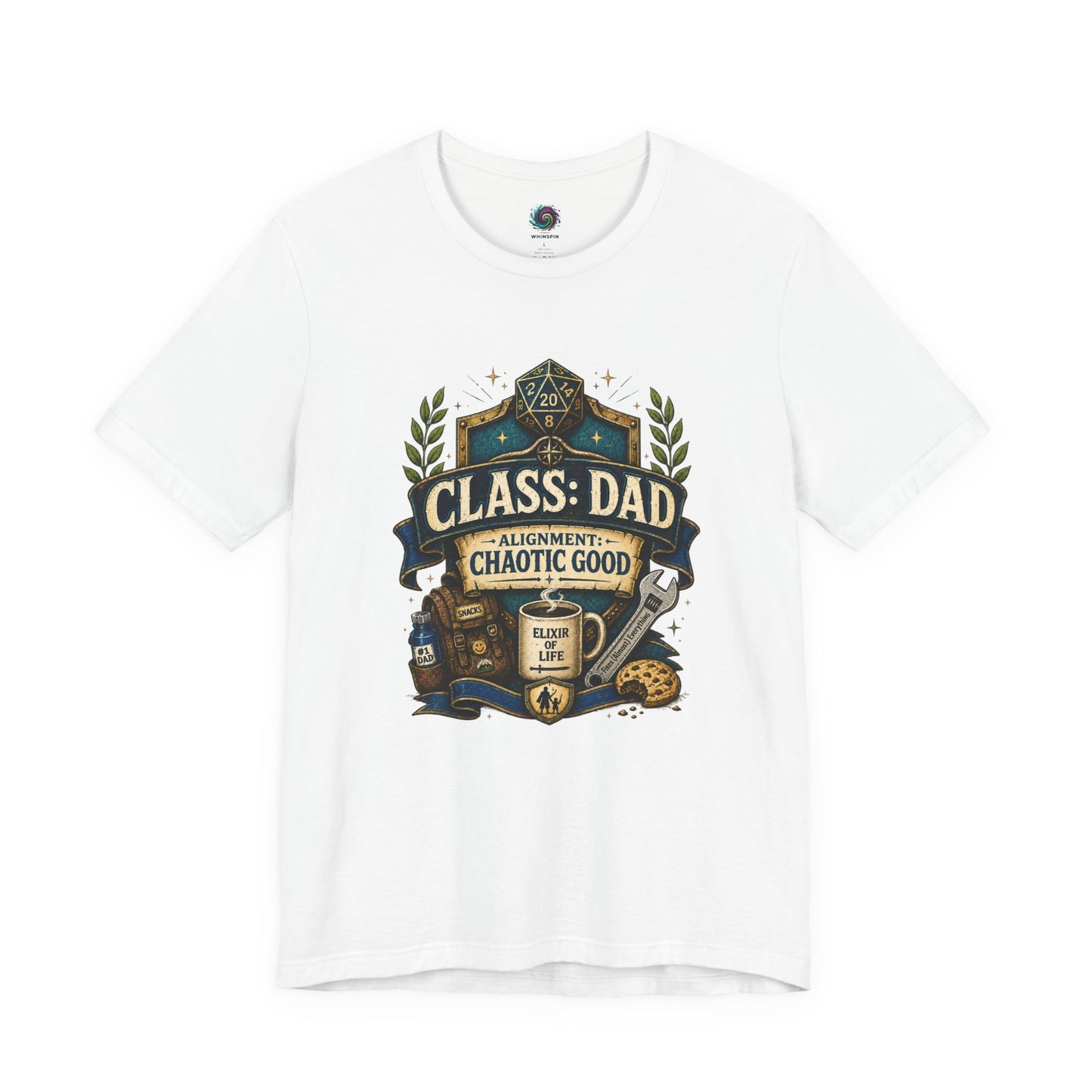 White Chaotic Good Dad T-Shirt with fantasy RPG inspired dad graphic featuring dice, coffee mug, and chaotic good alignment