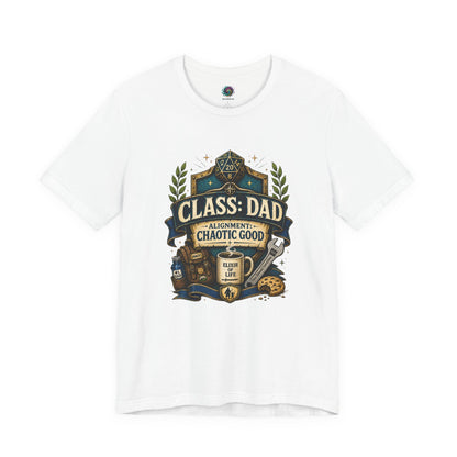 White Chaotic Good Dad T-Shirt with fantasy RPG inspired dad graphic featuring dice, coffee mug, and chaotic good alignment