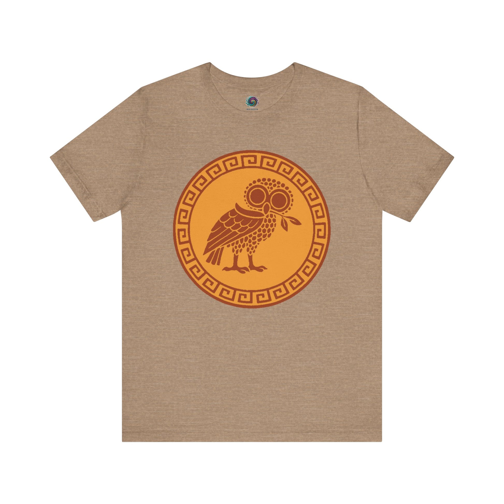 Tan Athena’s Owl T-Shirt from WhimSpin on a white background