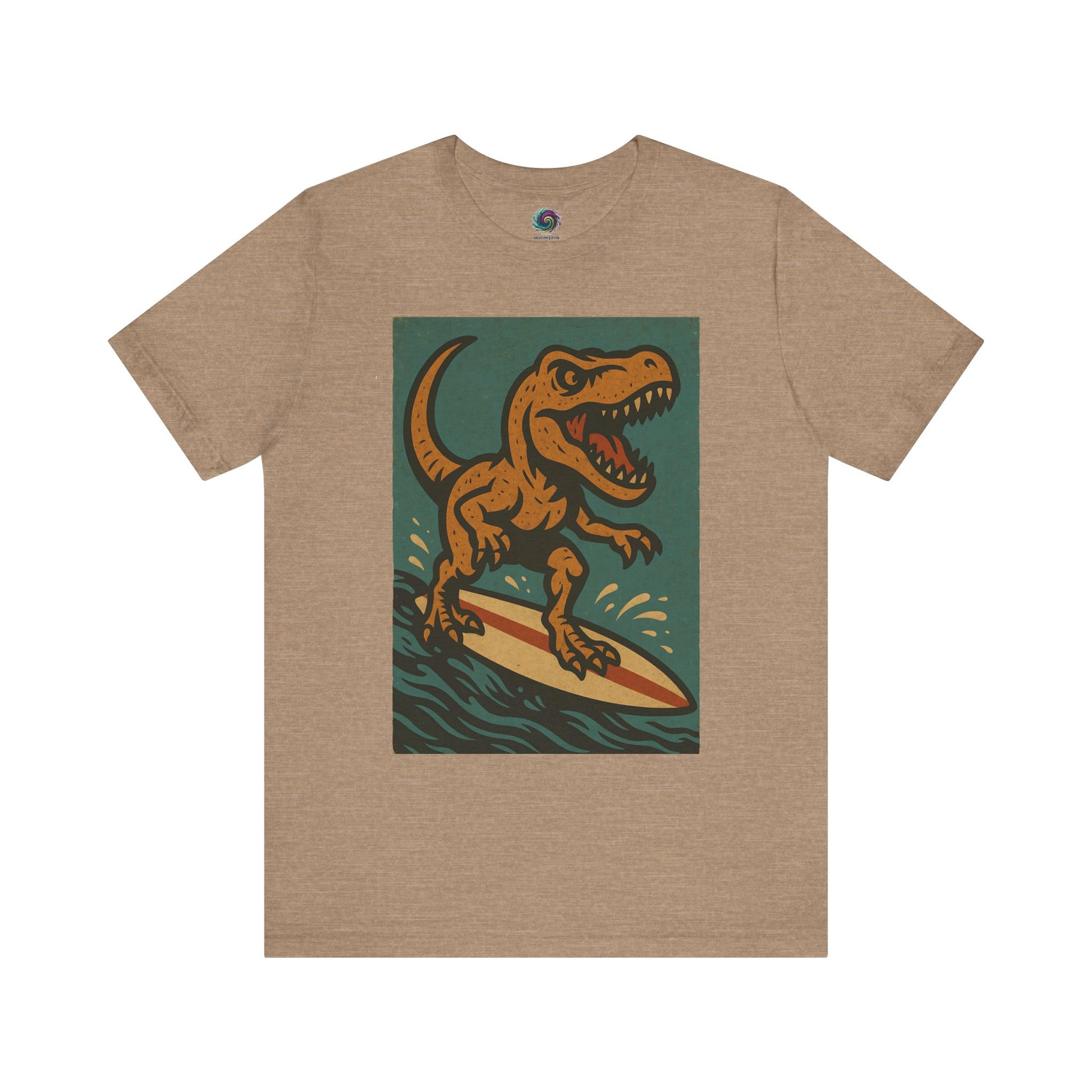Tan Surfing t-rex t shirt  from WhimSpin- A rearing t Rex riding a yellow surf board on the waves