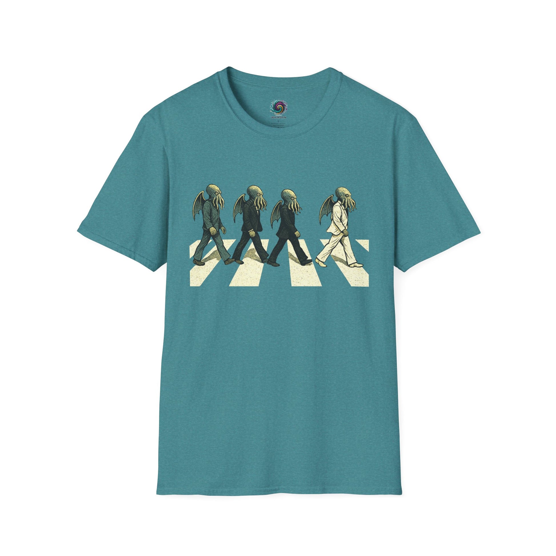 Teal Cthulhu Crossing T-Shirt – Beatles Abbey Road Parody Tee | WhimSpin - WhimSpin - https://whimspin.com