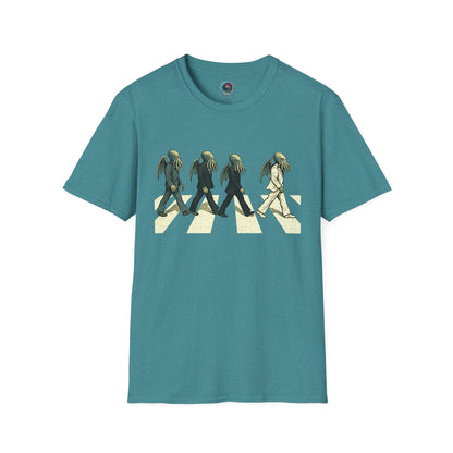 Teal Cthulhu Crossing T-Shirt – Beatles Abbey Road Parody Tee | WhimSpin - WhimSpin - https://whimspin.com
