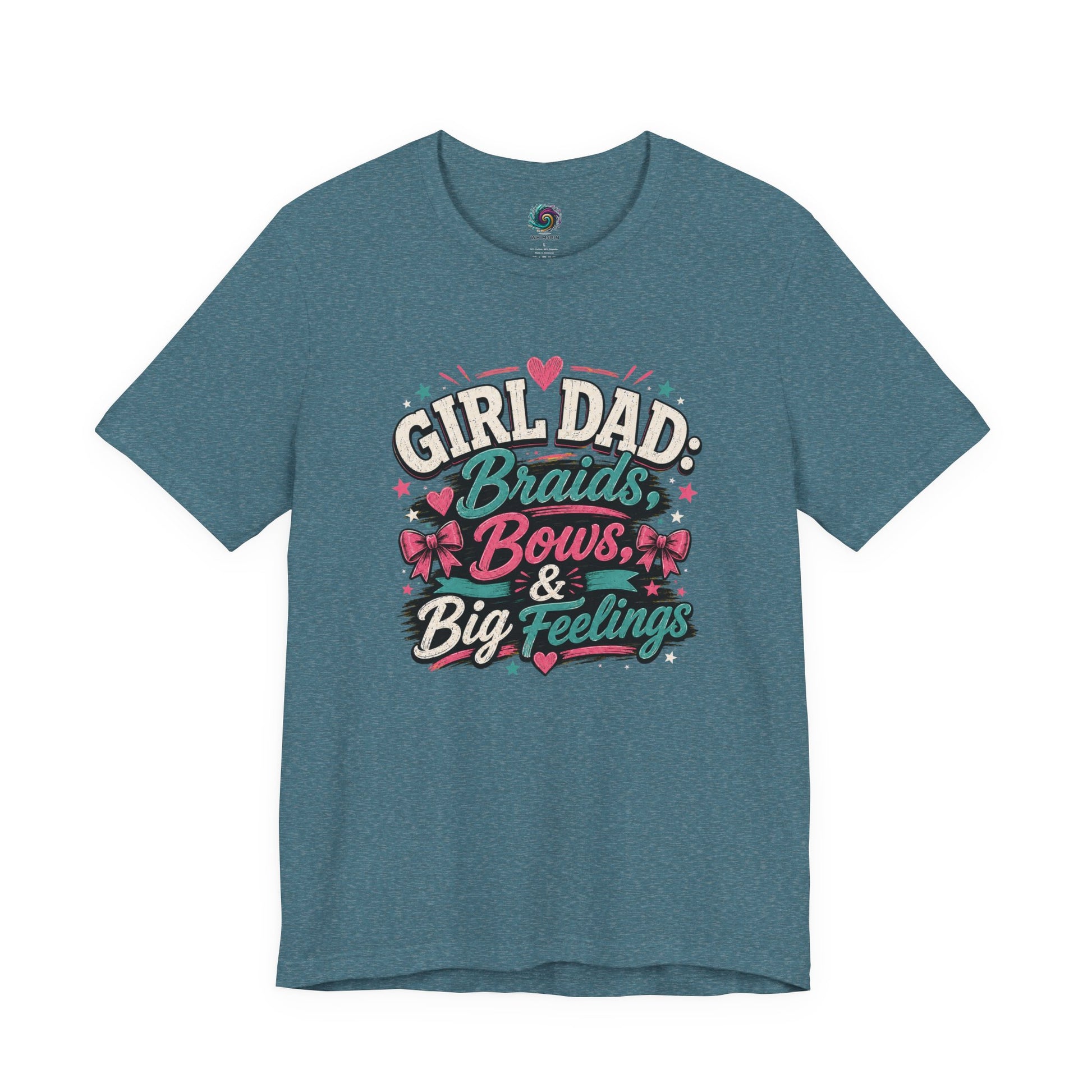 Girl Dad T-Shirt – Braids, Bows & Big Feelings Dad Tee on heather deep teal with colorful retro lettering for a thoughtful dad gift.