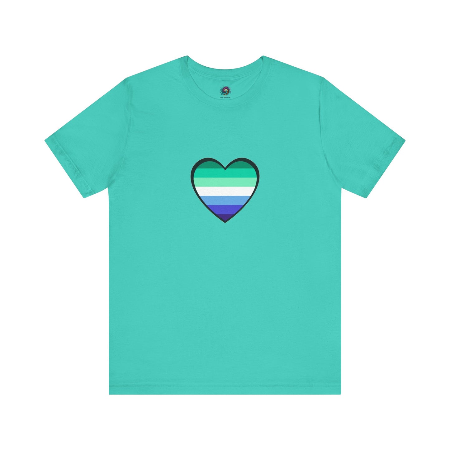 Gay Men's Pride Flag Heart T-Shirt – LGBTQ+ Flag Design on Unisex Tee in teal, offering a fresh take on the classic gay pride heart.