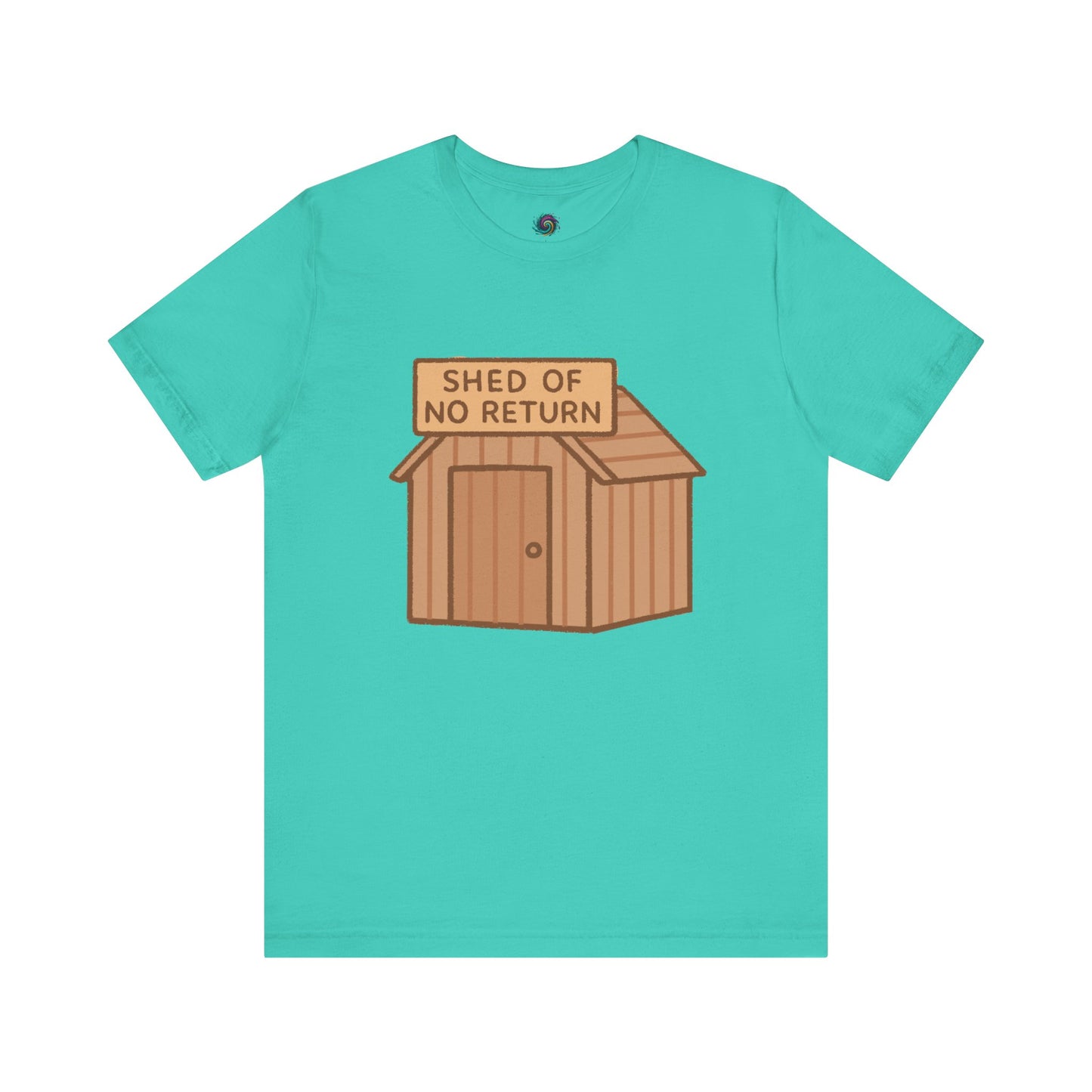 Teal Shed of No Returns T shirt from Whimspin lay-flat image on a white background
