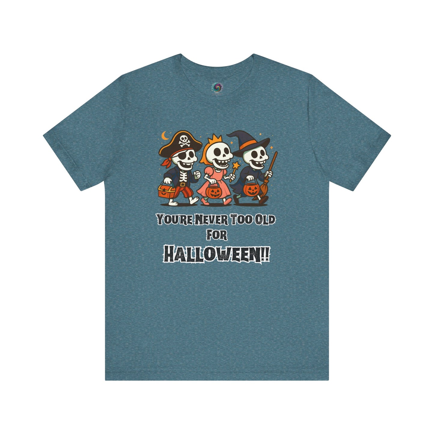 Never Too Old for Halloween T-Shirt – Funny Adult Halloween Shirt in heather deep teal, flat lay mockup featuring its vibrant Halloween design for spirited grown-ups.