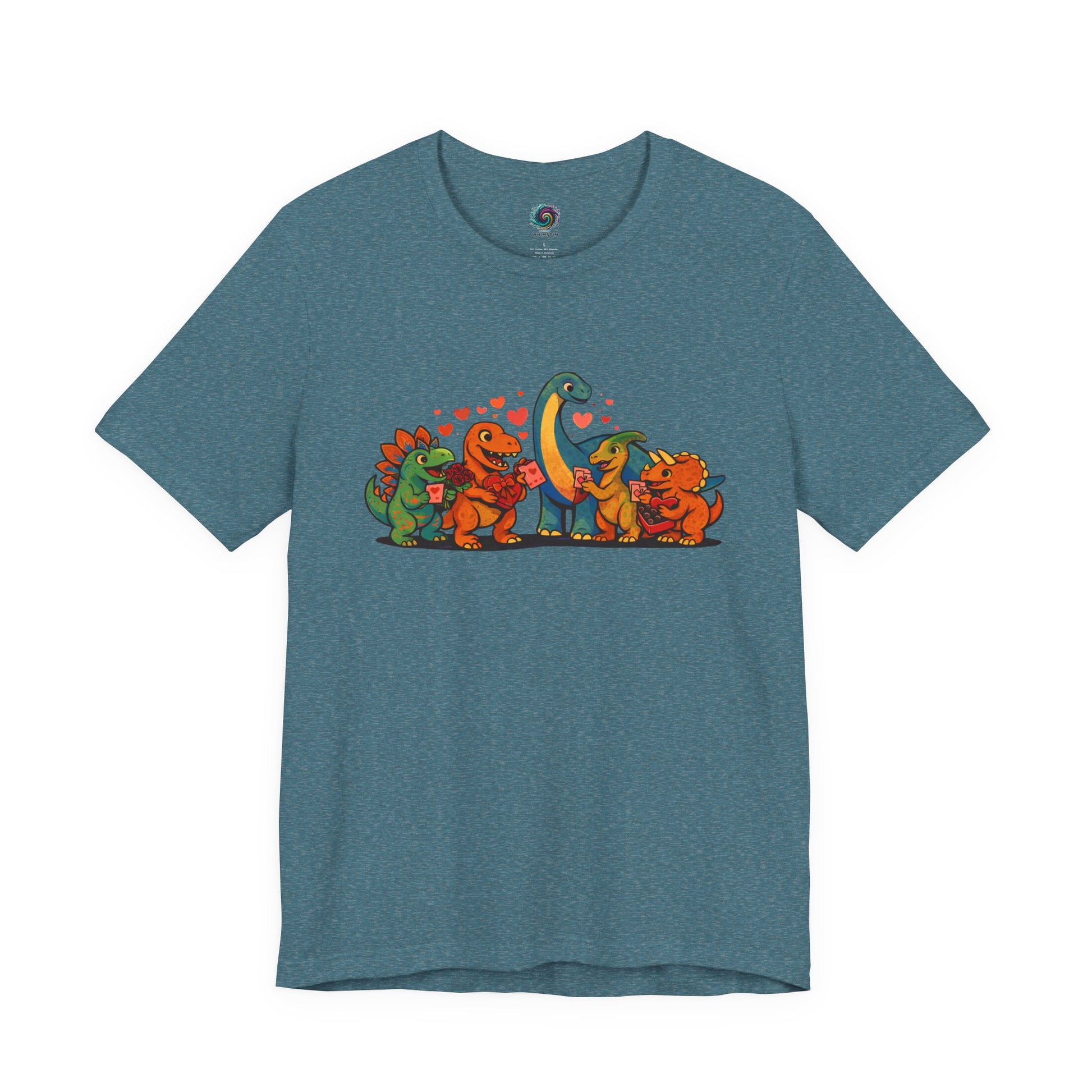 Dinosaur Valentines T-Shirt – Cute Dino Valentine’s Day Tee in Heather Deep Teal with playful dinosaur valentine artwork and a modern, stylish tone