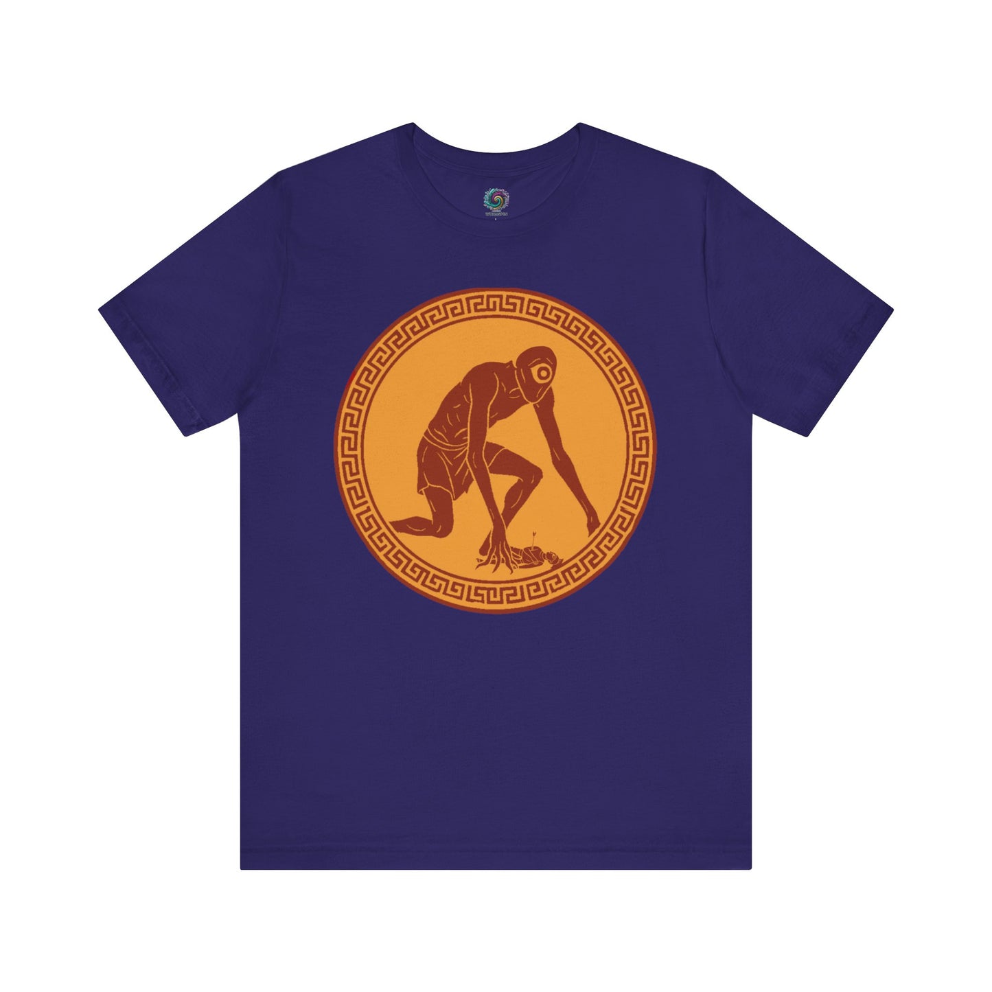 Team Navy t-shirt with a central red and gold circular design featuring a stylized image of Polyphemus, Cyclops from The Odyssey 