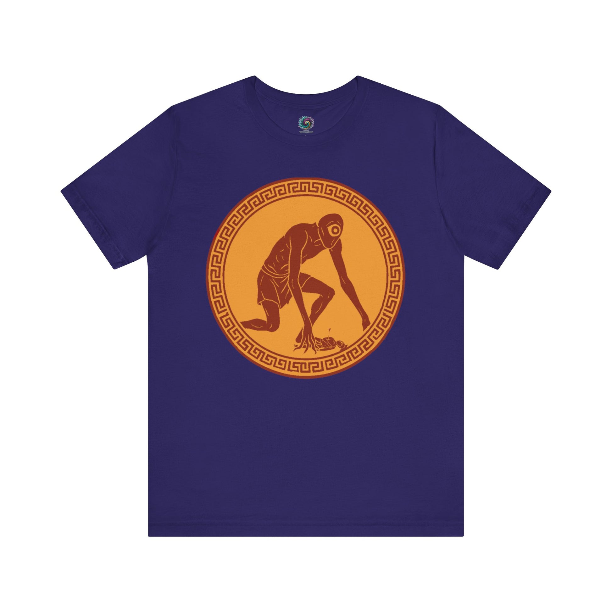 Team Navy t-shirt with a central red and gold circular design featuring a stylized image of Polyphemus, Cyclops from The Odyssey 