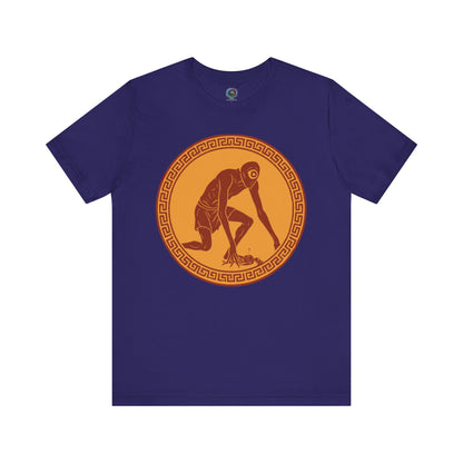 Team Navy t-shirt with a central red and gold circular design featuring a stylized image of Polyphemus, Cyclops from The Odyssey 