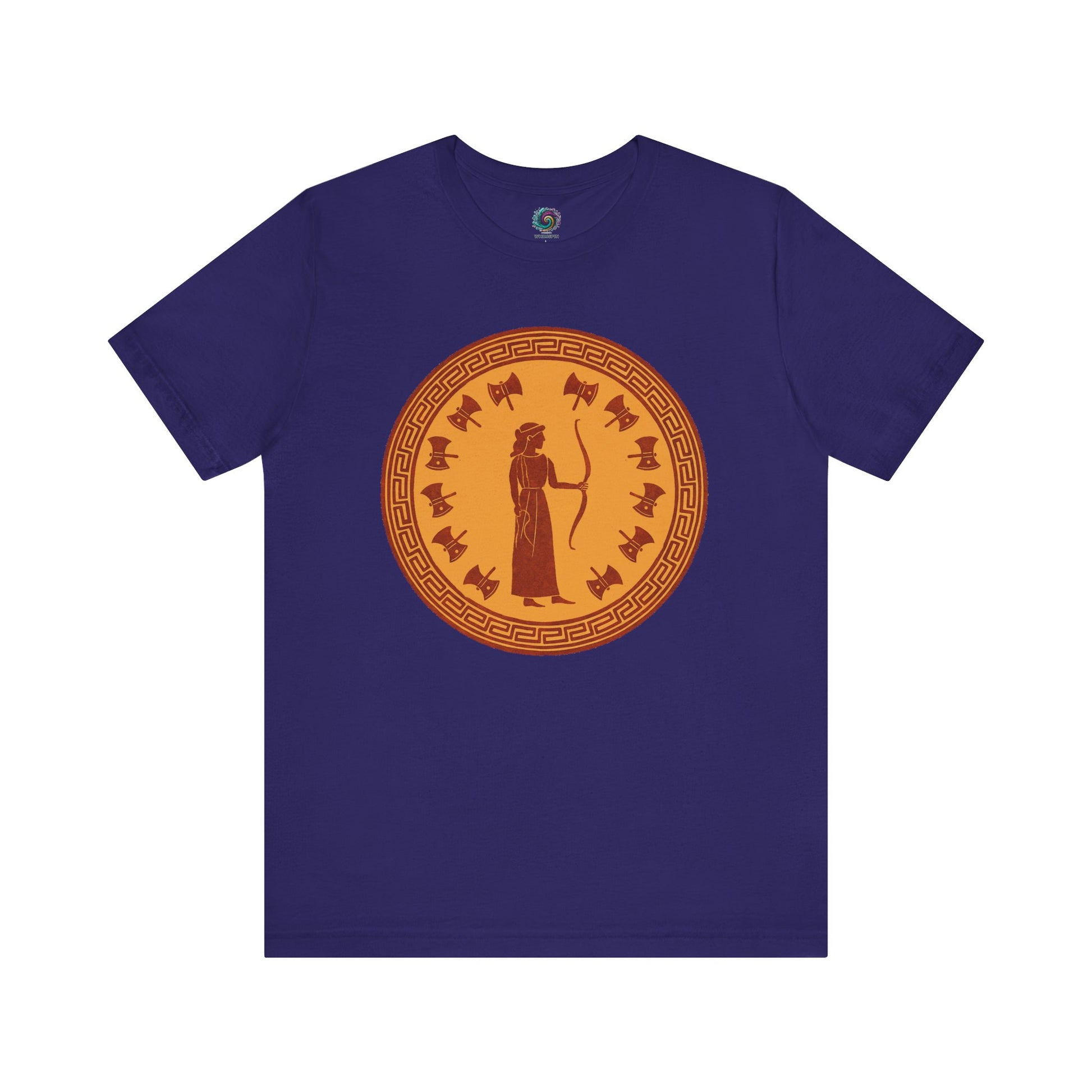 Team Navy Penelope Epic Queen of Ithaca T shirt from Whimspin. The shirt features an image of a woman in ancient Grecian robes holding a bow and surrounded by 12 axes. The images is in terracotta cotta red and gold in the style of ancient amphora art. 