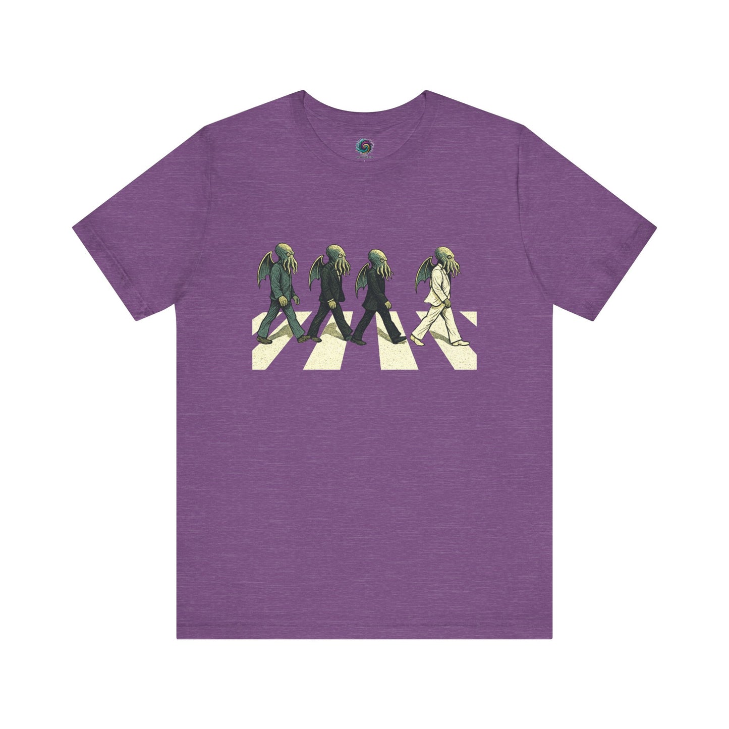 Cthulhu Crossing T-Shirt – Beatles Abbey Road Parody Tee in heather team purple, flat lay featuring funny Cthulhu parody design.