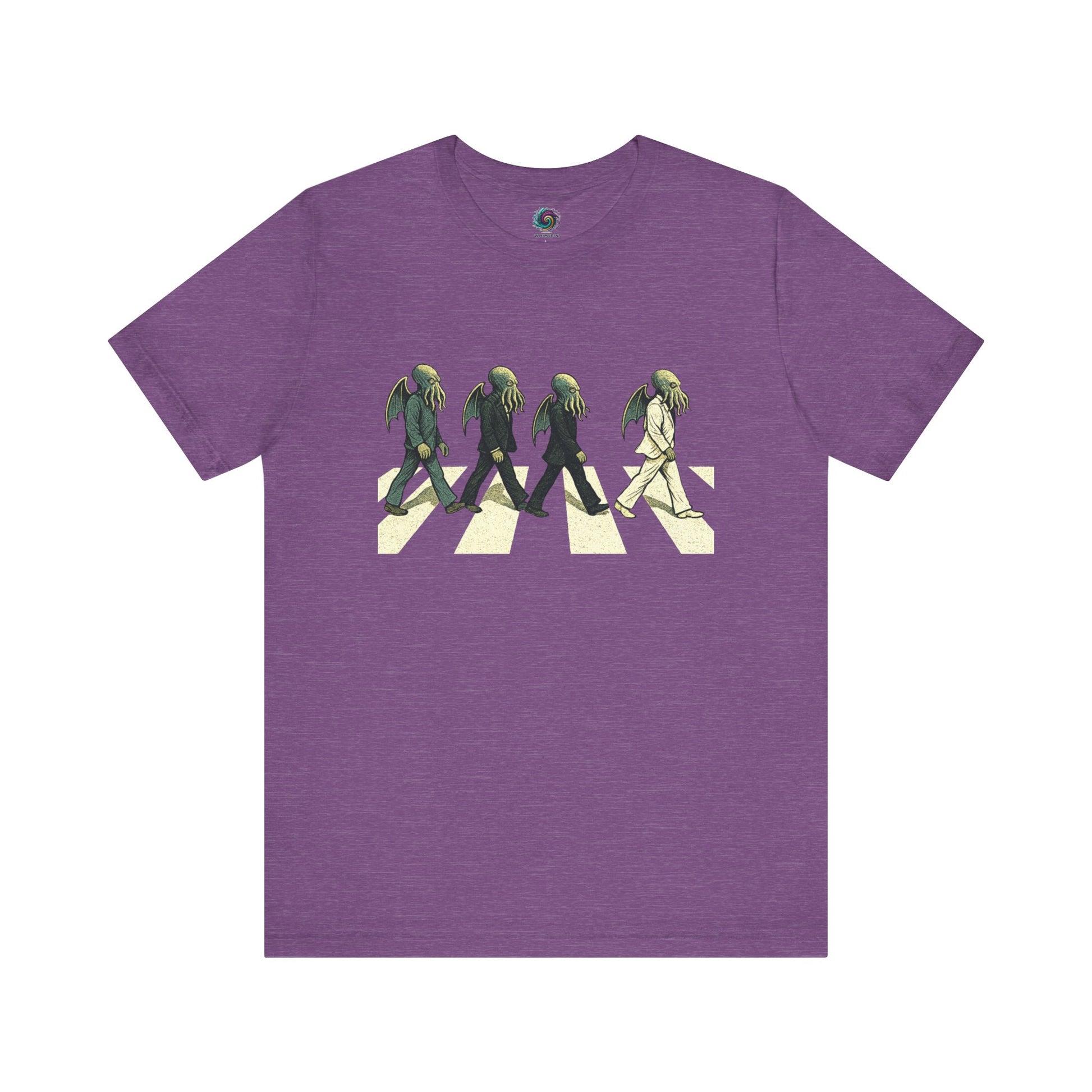 Cthulhu Crossing T-Shirt – Beatles Abbey Road Parody Tee in heather team purple, flat lay featuring funny Cthulhu parody design.