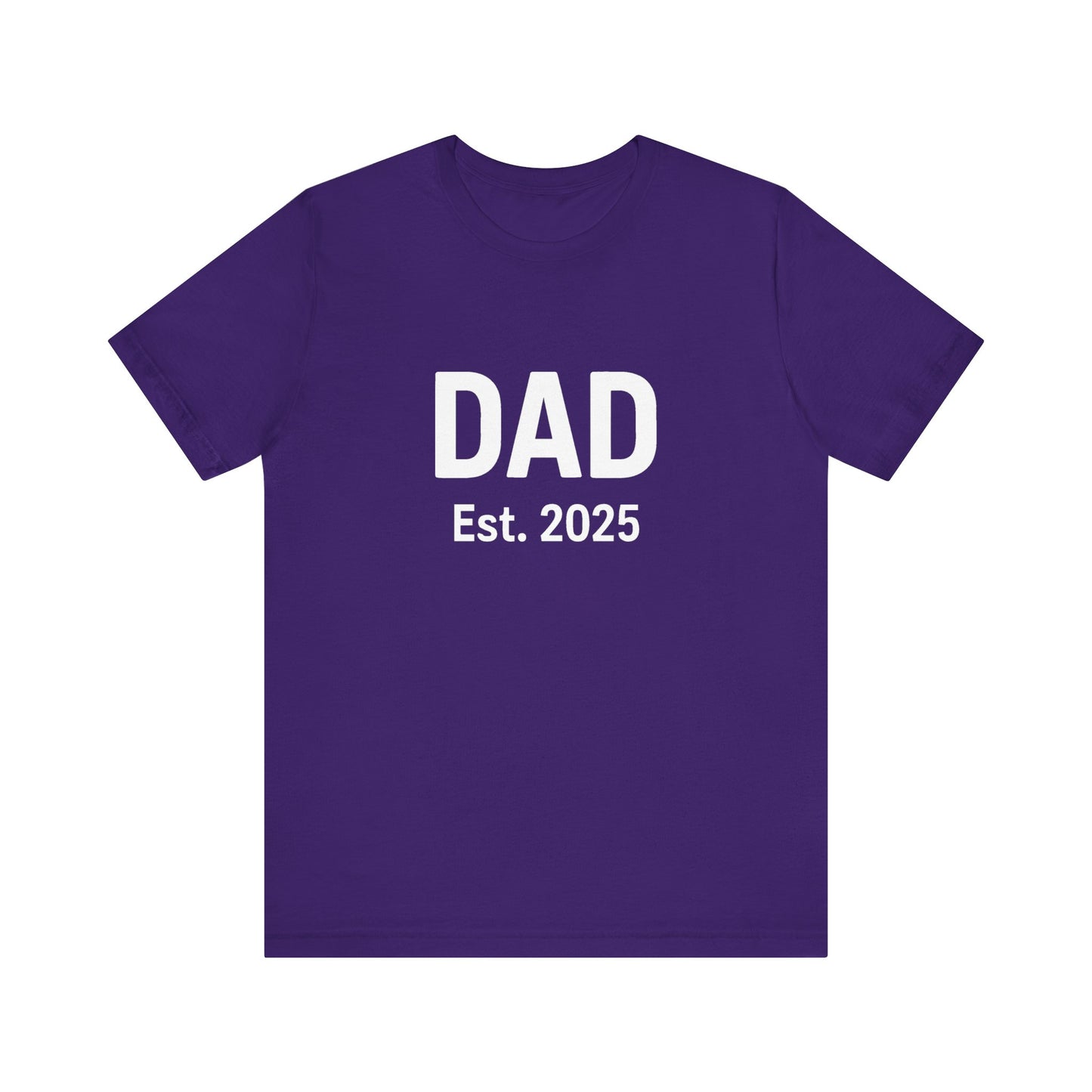 Dad Est. 2025 T-Shirt – New Dad Shirt, First Father’s Day Gift, Pregnancy Announcement Tee in team purple flat lay for bold color lovers