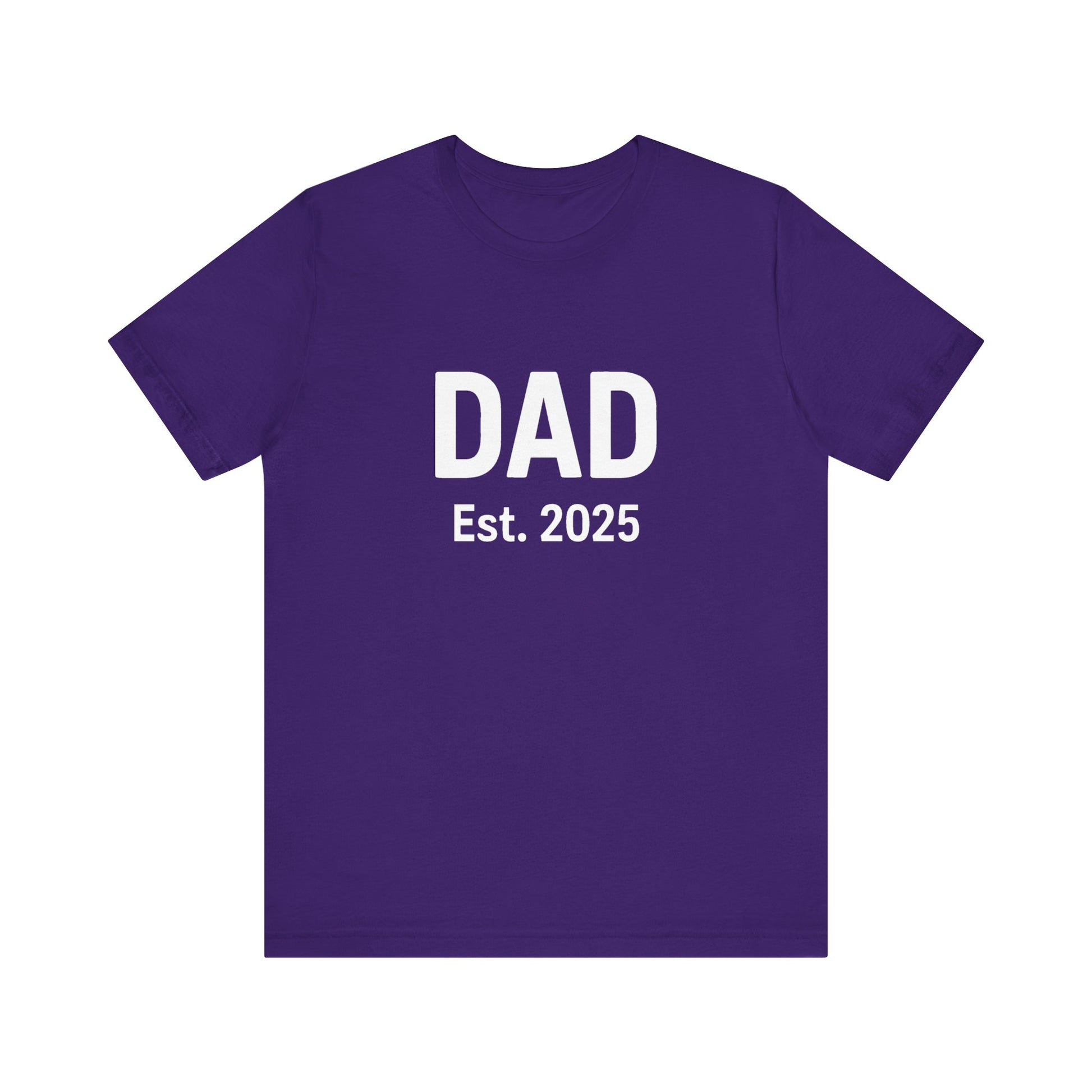 Dad Est. 2025 T-Shirt – New Dad Shirt, First Father’s Day Gift, Pregnancy Announcement Tee in team purple flat lay for bold color lovers