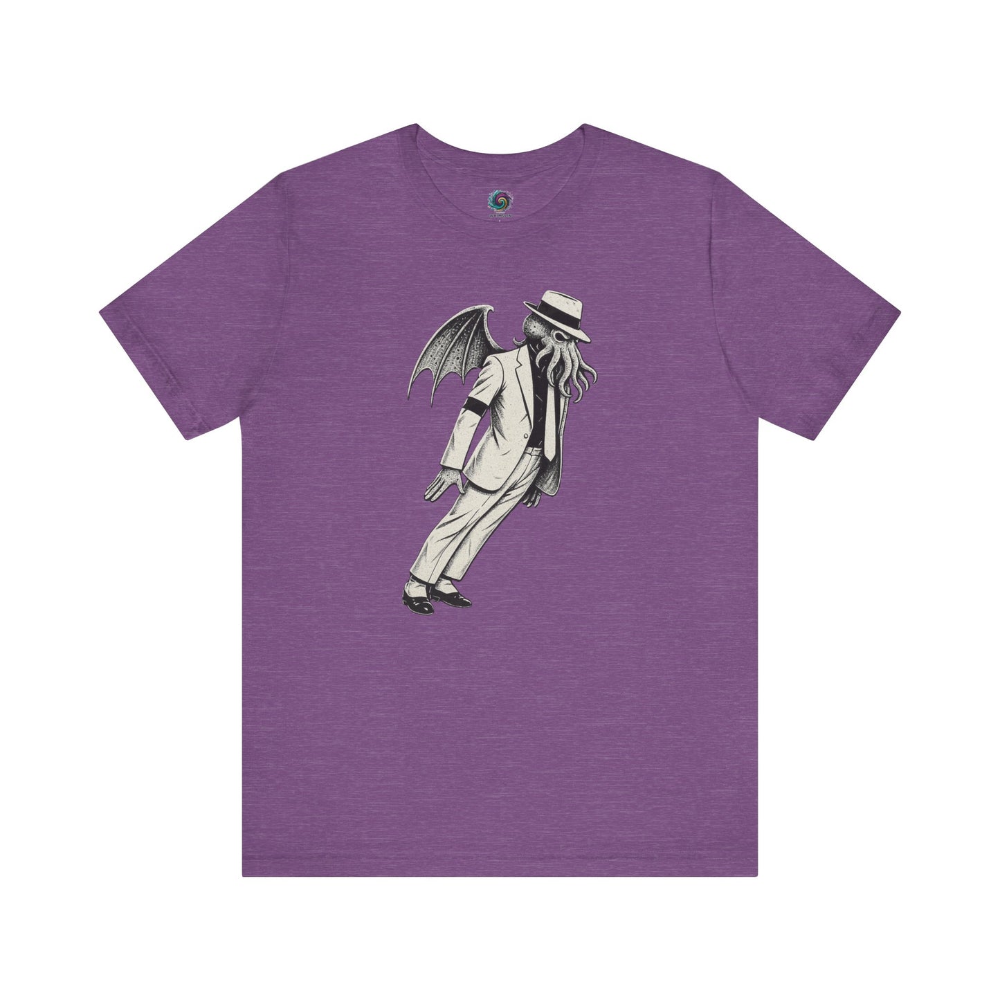 Smooth Cthulhu Unisex T-Shirt – Lovecraft Meets Smooth Criminal Style in heather team purple, flat lay mash-up design.