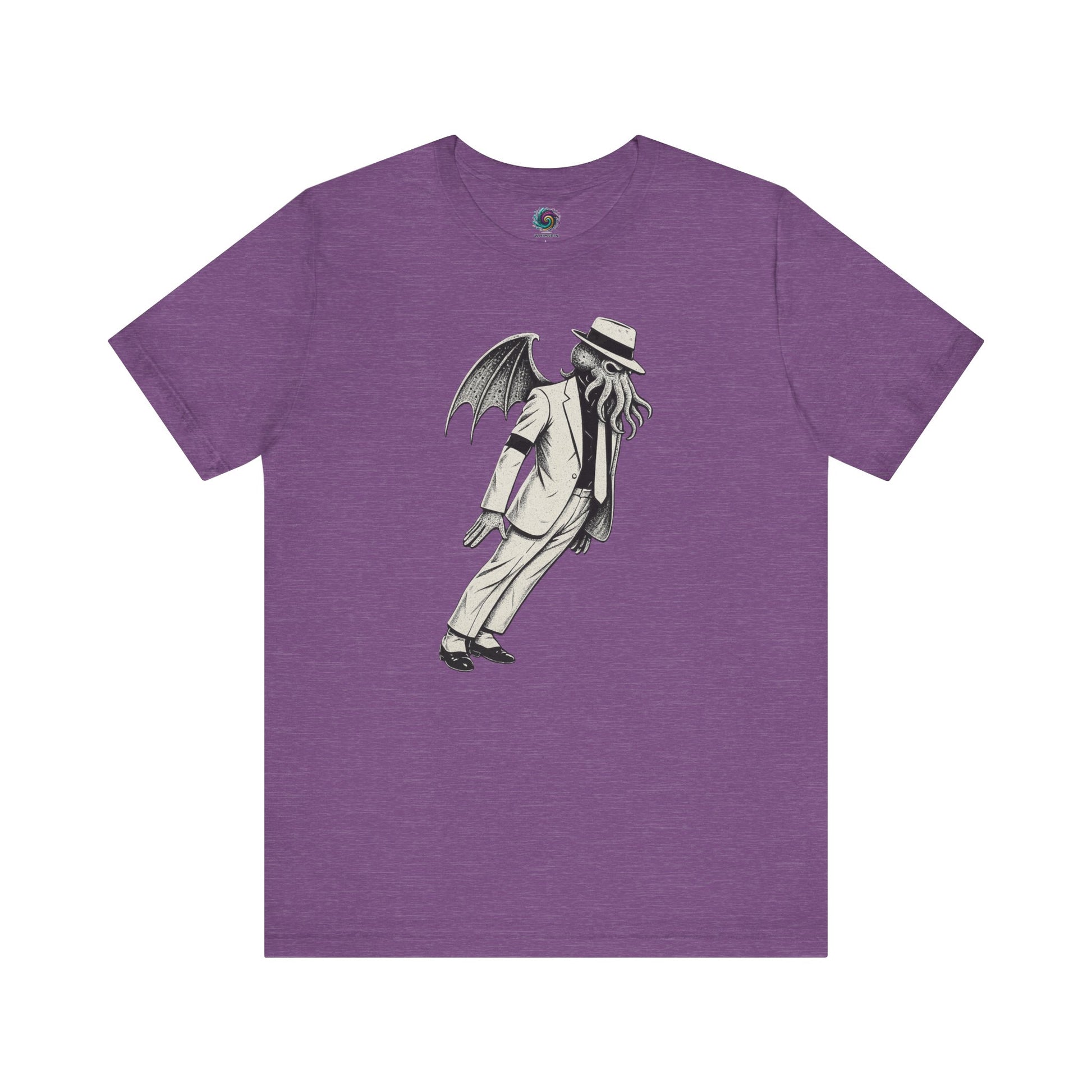 Smooth Cthulhu Unisex T-Shirt – Lovecraft Meets Smooth Criminal Style in heather team purple, flat lay mash-up design.