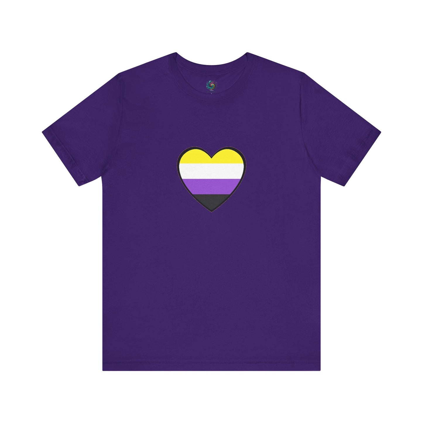 Nonbinary Heart Tee – Unisex Shirt with Nonbinary Pride Flag in team purple flat lay image  featuring a heart in the center that is striped and in the colors of the nonbinary pride flag