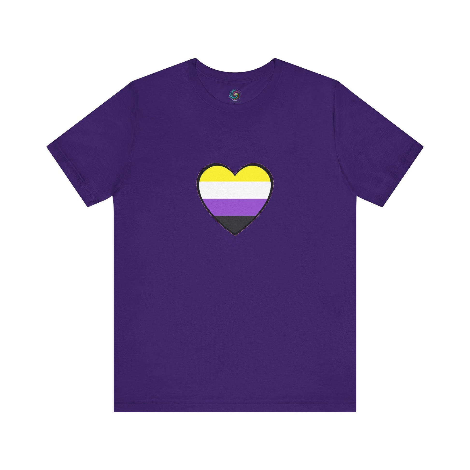 Nonbinary Heart Tee – Unisex Shirt with Nonbinary Pride Flag in team purple flat lay image  featuring a heart in the center that is striped and in the colors of the nonbinary pride flag