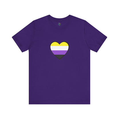 Nonbinary Heart Tee – Unisex Shirt with Nonbinary Pride Flag in team purple flat lay image  featuring a heart in the center that is striped and in the colors of the nonbinary pride flag